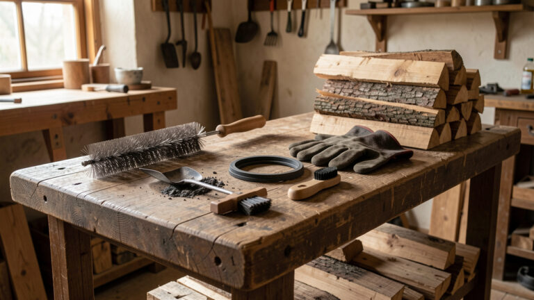 Assortiment d’accessoires et de matériaux pour entretenir un chauffage à bois, disposés sur un établi dans un atelier rustique.