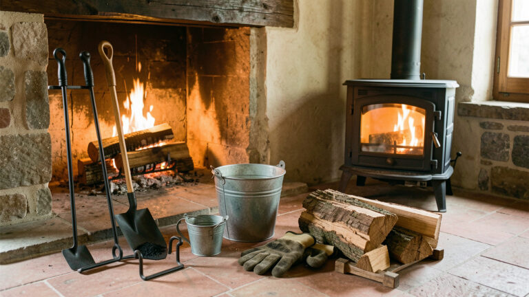 Accessoires indispensables pour un poêle à bois disposés près d’un foyer chaleureux dans un intérieur rustique.