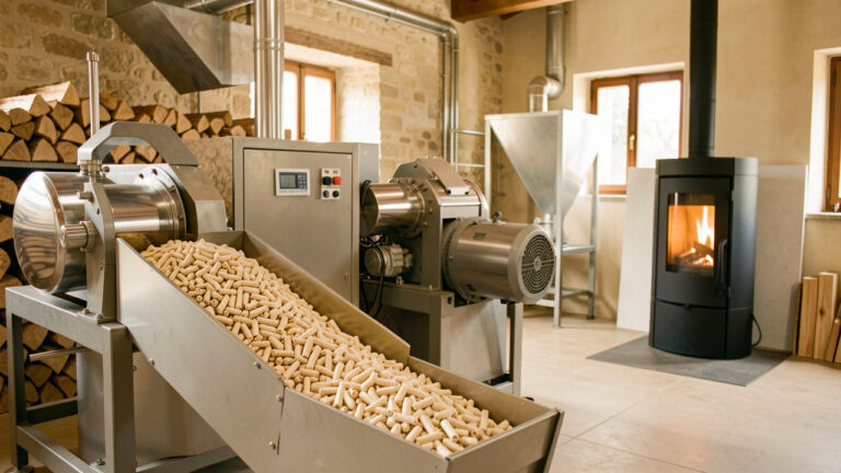Granulés de bois clairs de haute qualité près d'une ligne moderne de production, avec un poêle et un four à bois en arrière-plan.