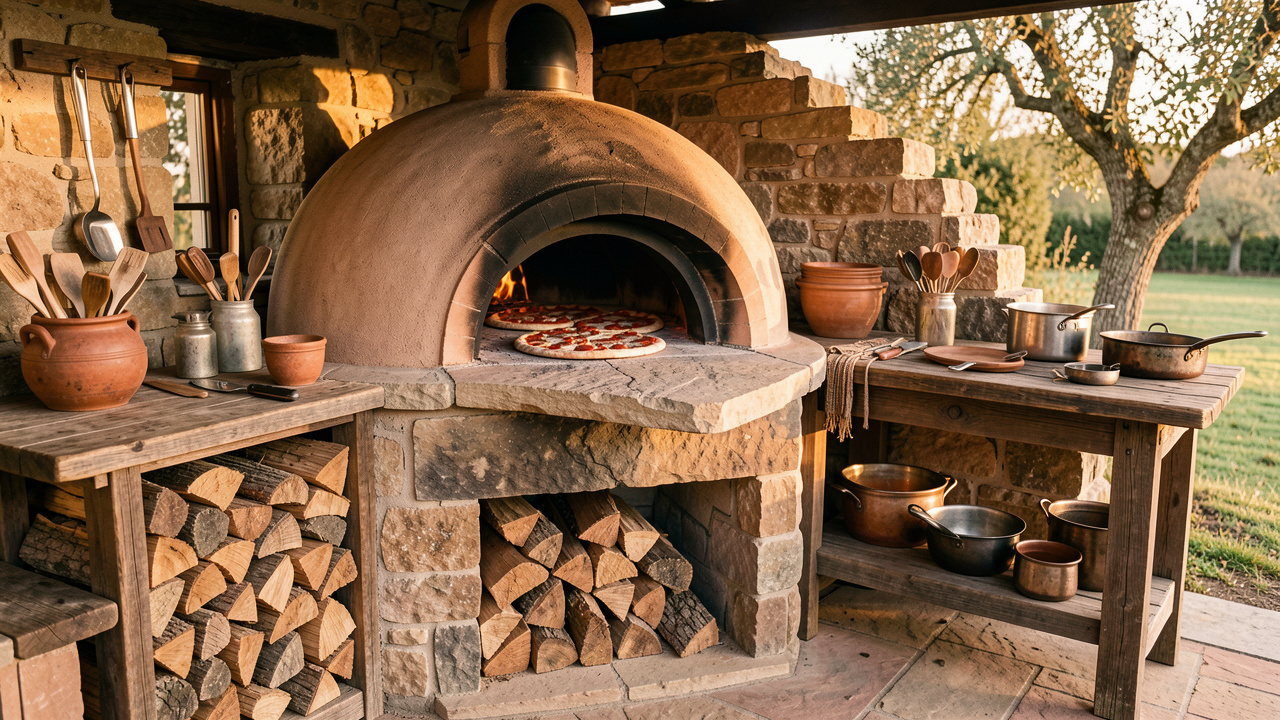 Four à bois traditionnel installé dans une cuisine extérieure rustique, avec une pizza en cuisson et du bois empilé à proximité.
