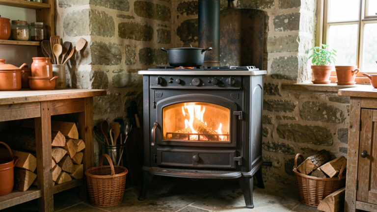 Poêle à bois traditionnel avec four intégré dans une cuisine rustique chaleureuse, avec une marmite en fonte sur la plaque de cuisson.