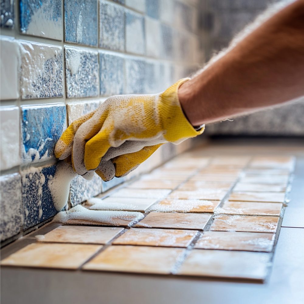 Vecchie piastrelle della cucina parzialmente rivestite, con rullo e materiali per il fai da te sul piano di lavoro.