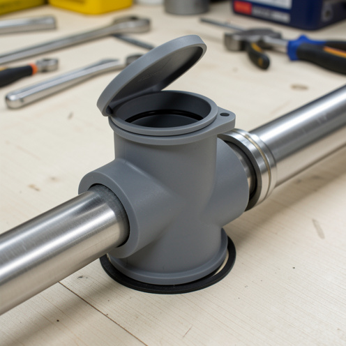 Coude de canalisation fermé à 90 degrés avec couvercle d’inspection, présenté avec des tuyaux, des joints et des outils de montage.