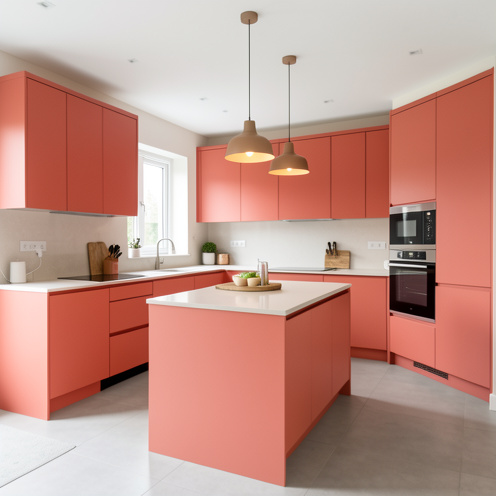 Cuisine contemporaine aux façades couleur corail, avec îlot central, rangements intégrés et matériaux élégants.