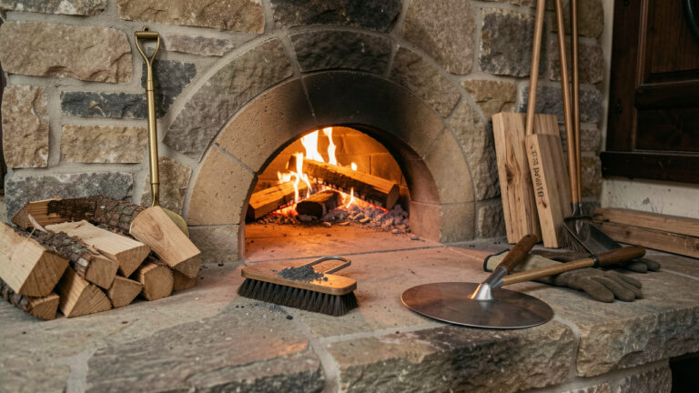 Four traditionnel à bois propre, entouré de bûches et d’accessoires utiles pour son entretien et une cuisson efficace.