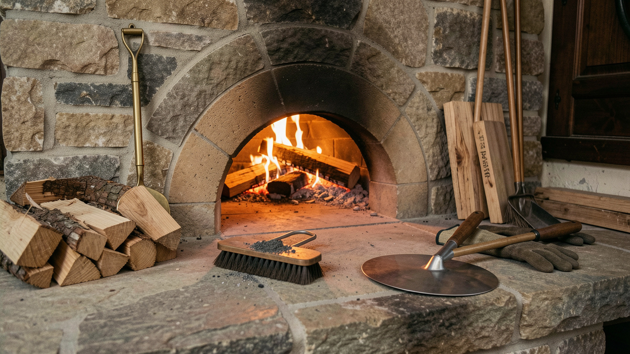 Four traditionnel à bois propre, entouré de bûches et d’accessoires utiles pour son entretien et une cuisson efficace.