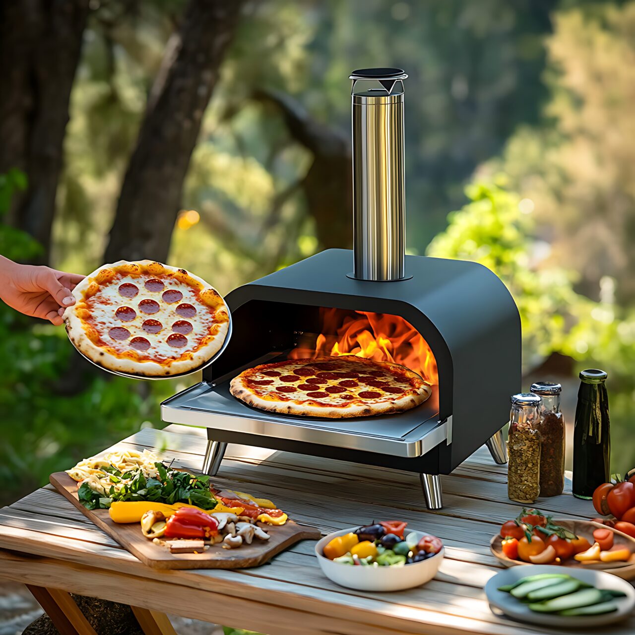 Piccolo giardino con forno a legna vicino alla cucina all’aperto e un’area libera intorno per cucinare in sicurezza.