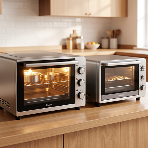 Four électrique compact en acier inoxydable présenté dans une cuisine avec deux modèles alternatifs.