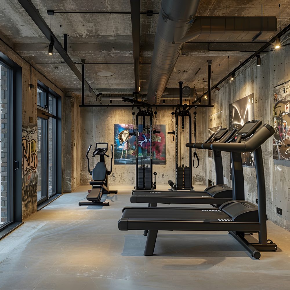 Garage trasformato in palestra con pannelli isolanti e attrezzatura fitness.