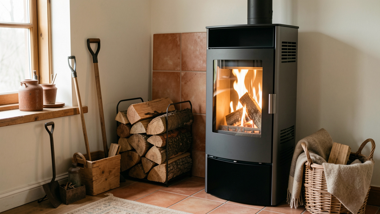 Poêle à bois moderne installé dans un salon chaleureux, entouré de bûches et d’accessoires de chauffage domestique.