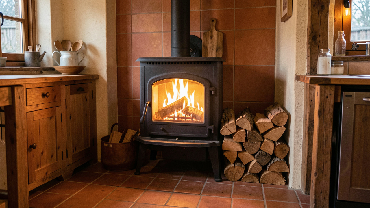 Poêle à bois traditionnel avec four intégré dans une cuisine rustique, éclairé par la chaleur du feu.