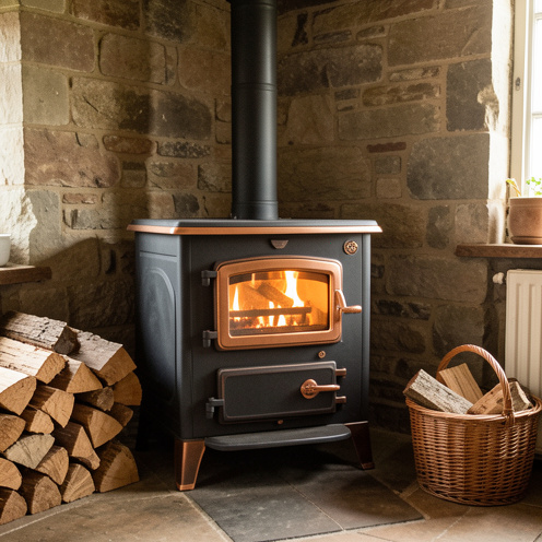 Cuisinière à bois traditionnelle avec four intégré dans une cuisine rustique, accompagnée de bûches soigneusement empilées.