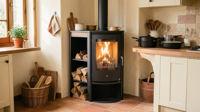 Poêle à bois avec four intégré, bois de chauffage, ustensiles en fonte et accessoires disposés dans une cuisine chaleureuse.