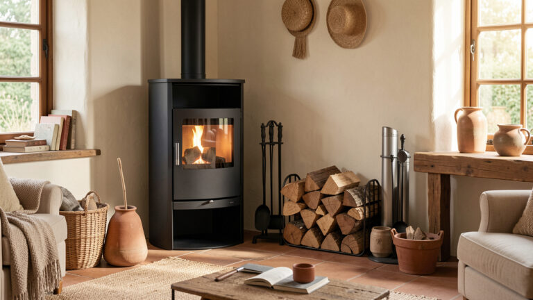 Poêle à bois moderne entouré de conduits de fumée, bois de chauffage et accessoires dans un intérieur chaleureux.