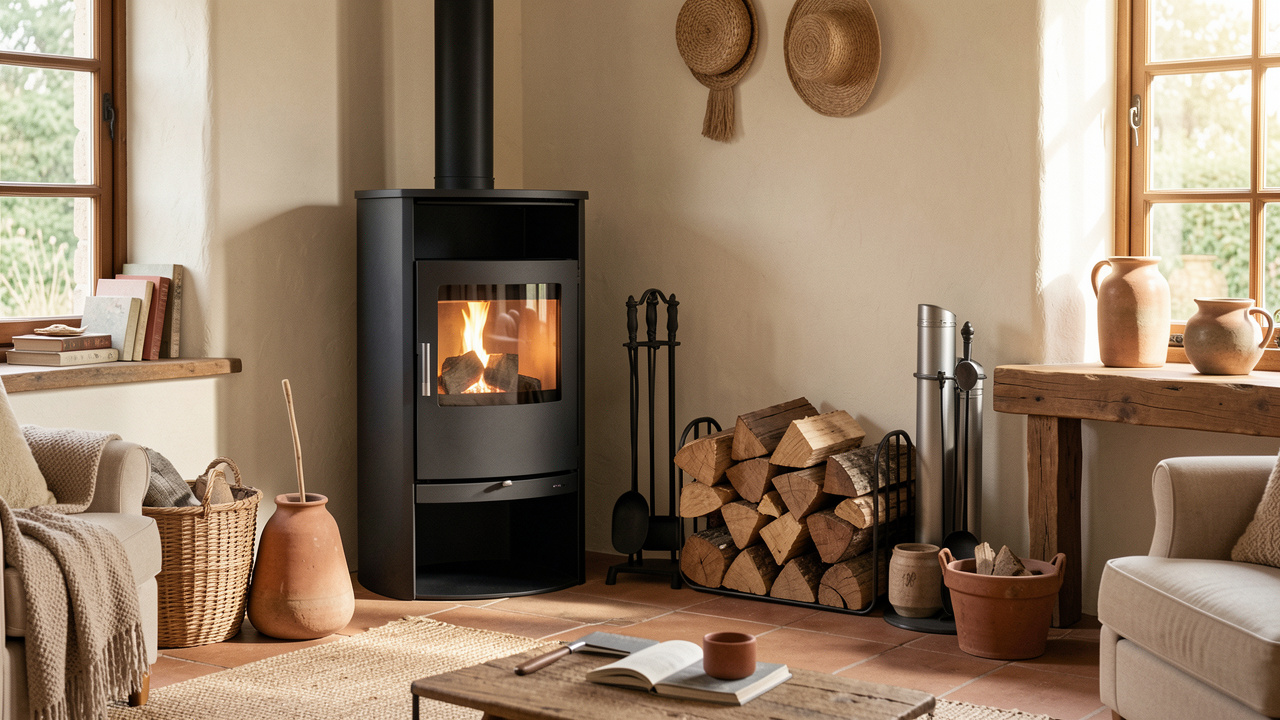 Poêle à bois moderne entouré de conduits de fumée, bois de chauffage et accessoires dans un intérieur chaleureux.
