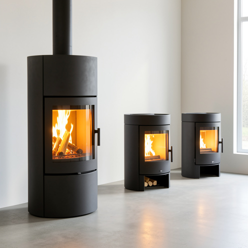Poêle à bois moderne en acier anthracite avec feu visible, présenté avec deux modèles alternatifs dans un showroom lumineux.