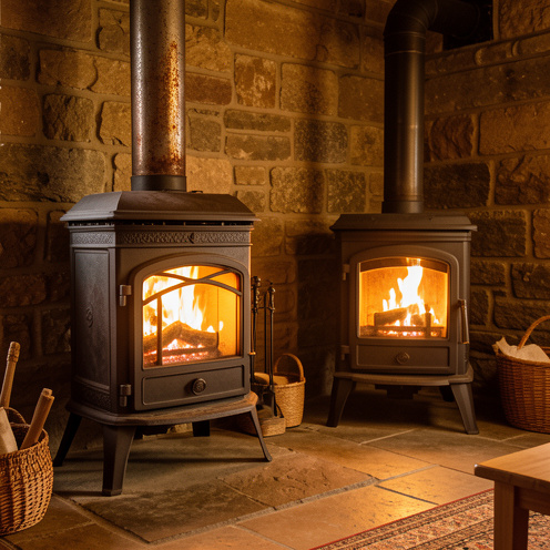 Poêle à bois en fonte avec feu visible, présenté avec deux modèles alternatifs dans un intérieur rustique chaleureux.