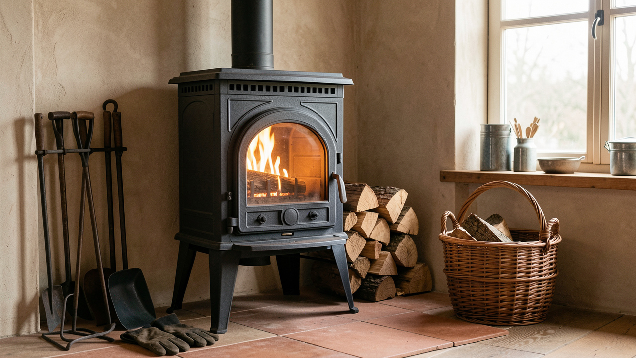 Poêle à bois en fonte avec four intégré, bois de chauffage et accessoires dans un intérieur chaleureux.