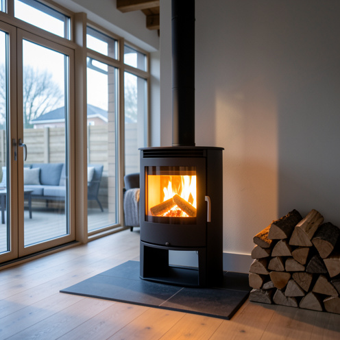 Poêle à bois en fonte diffusant une chaleur agréable dans un salon ouvert et chaleureux.
