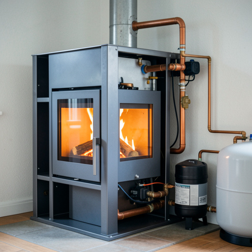 Poêle hydro à bois haute puissance raccordé à un système de chauffage domestique avec tuyaux en cuivre et composants techniques visibles.