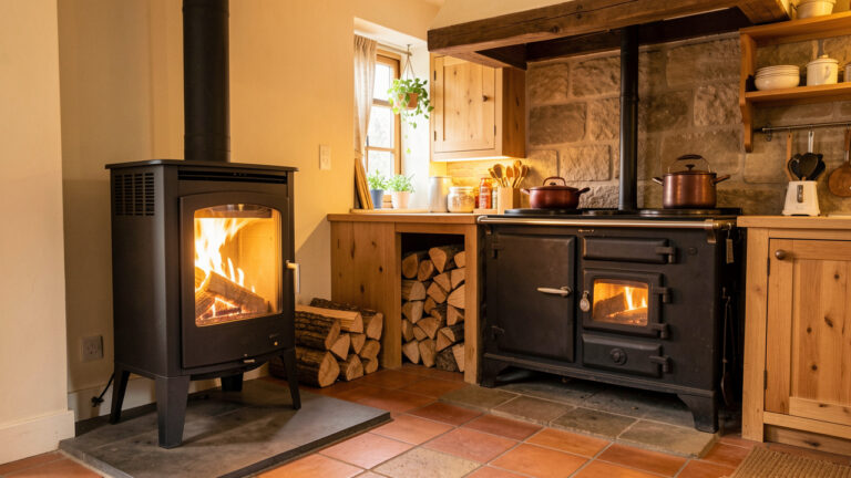 Intérieur rustique et chaleureux avec un poêle à bois, une cuisinière à bois, du bois empilé et une lumière ambrée.