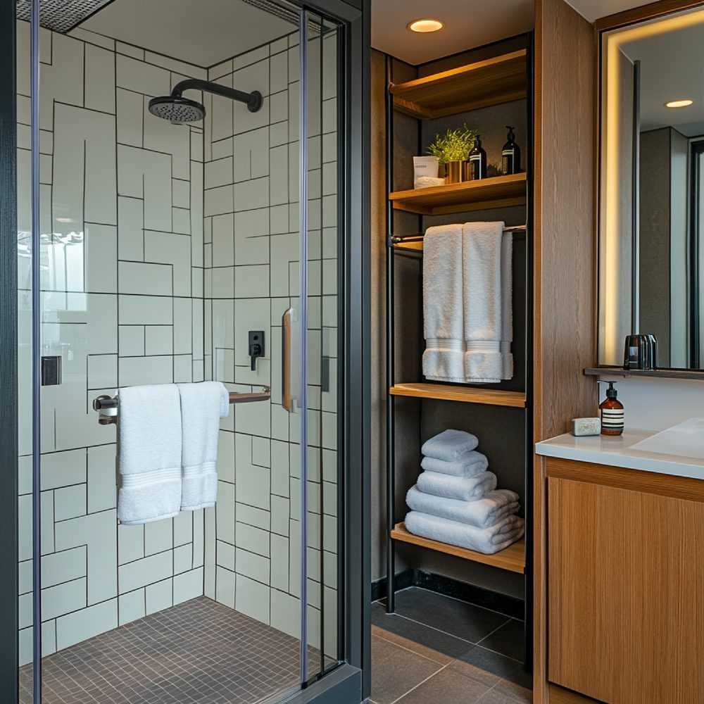 Piccolo bagno di servizio con pareti piastrellate, pavimento impermeabile e finiture robuste.