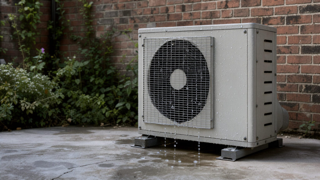 Unità esterna della pompa di calore: vibrazioni e condensa in cortile